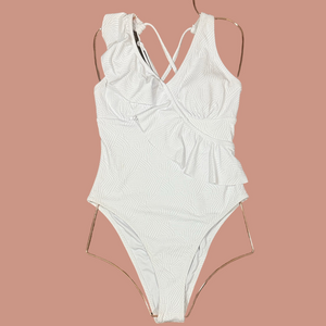 Cupshe White Ruffled Texture V Neckline One Piece Swimsuit SKU1201